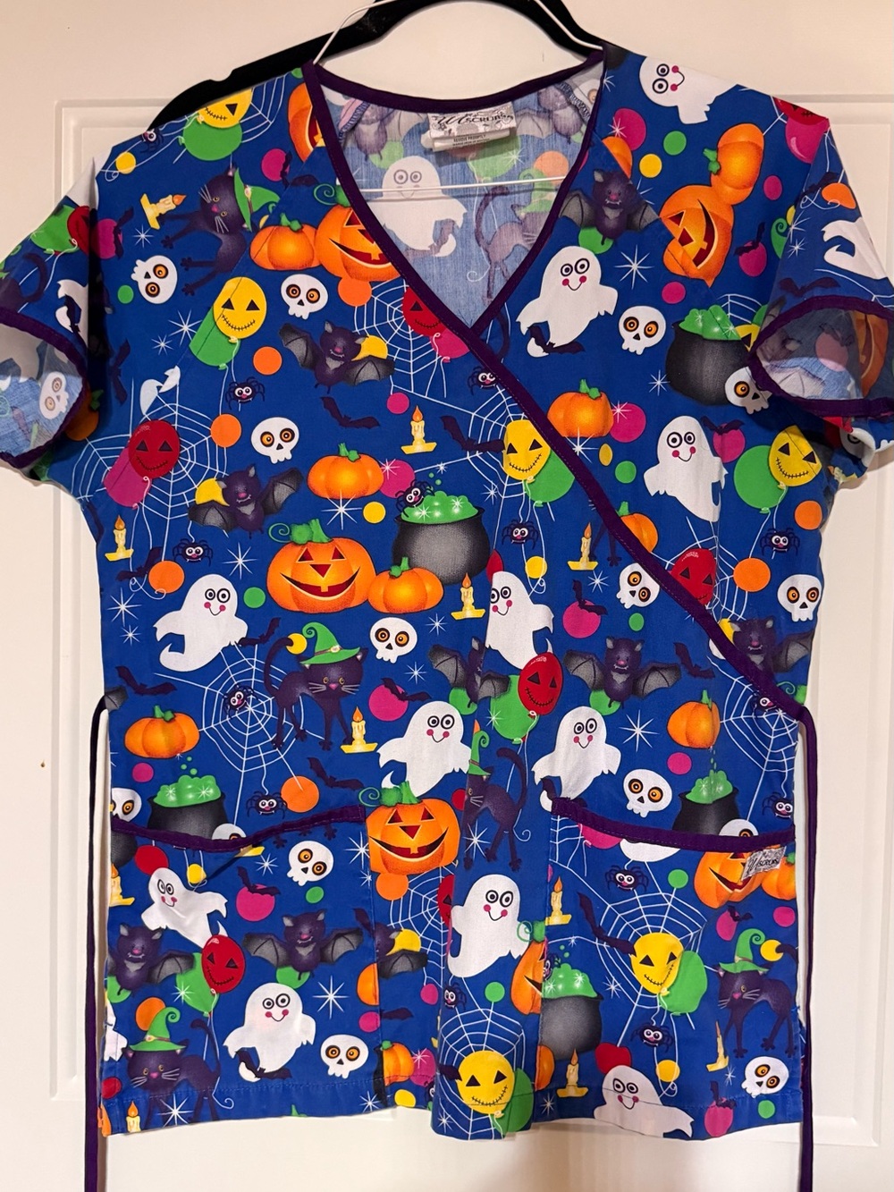 Smart Scrubs Halloween Scrub Top - Blue with Orange & White Accents